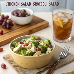 A plate of freshly made Chicken Salad Chick Broccoli Salad.