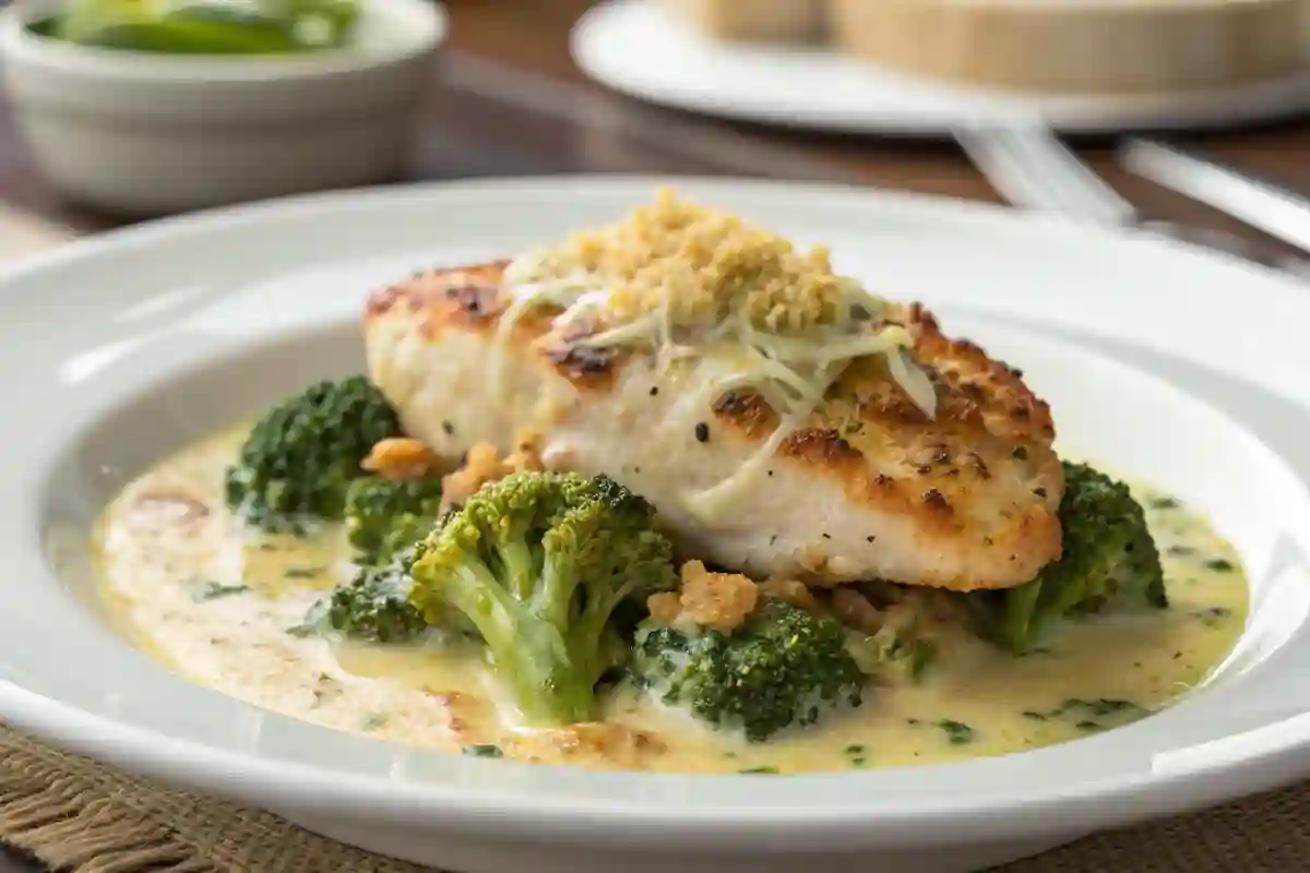 Chicken Divan with Sherry and Parmesan, showcasing golden Parmesan crust, vibrant broccoli, and creamy sauce, with soft natural lighting.