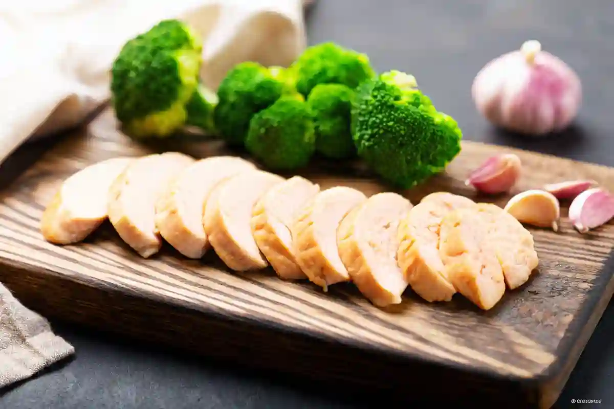 Raw chicken breasts, fresh broccoli florets, and garlic on a wooden cutting board, illuminated by soft natural light.