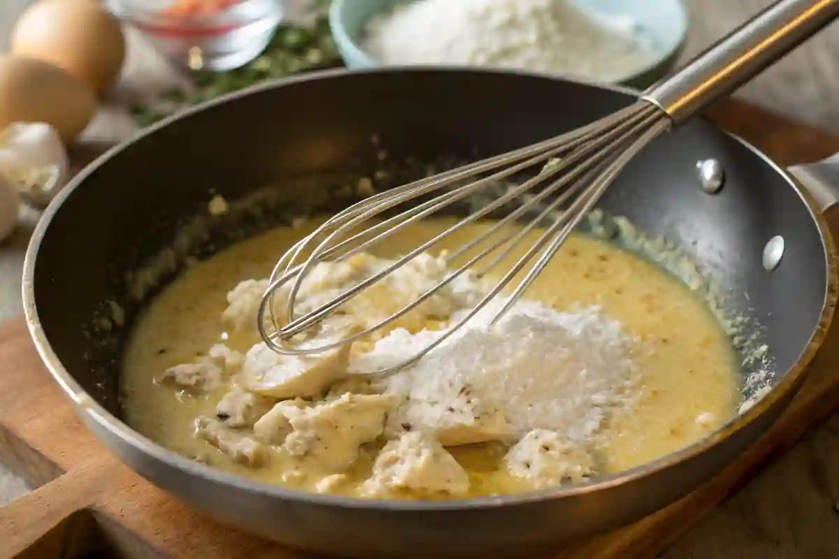 skillet with melted butter, garlic, and flour, creating the creamy sauce for Chicken Divan, with soft lighting.