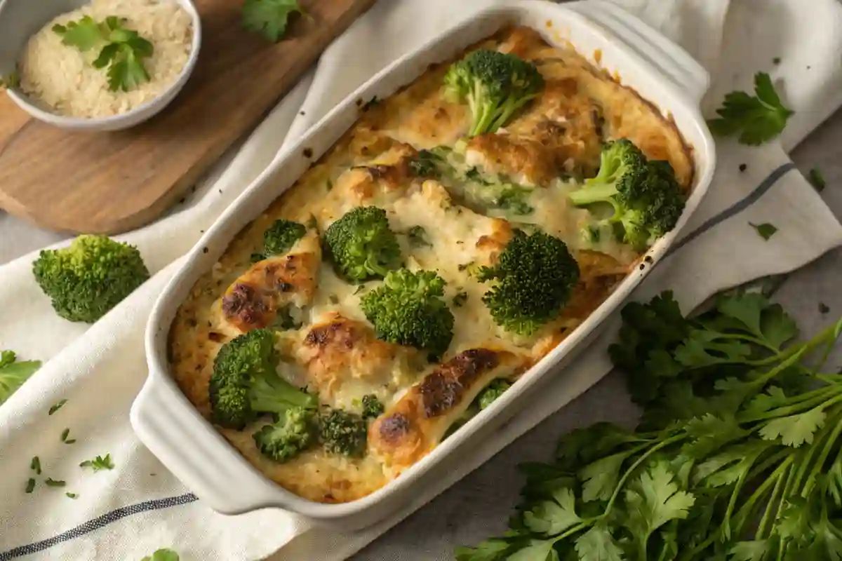 Baked Chicken Divan with Sherry and Parmesan, golden and bubbly with a crispy crust and tender broccoli, garnished with fresh parsley.