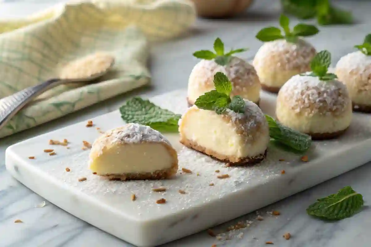 Cheesecake balls on a marble plate garnished with fresh mint