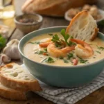 bowl of cream of shrimp soup garnished with fresh herbs, served with crusty bread.