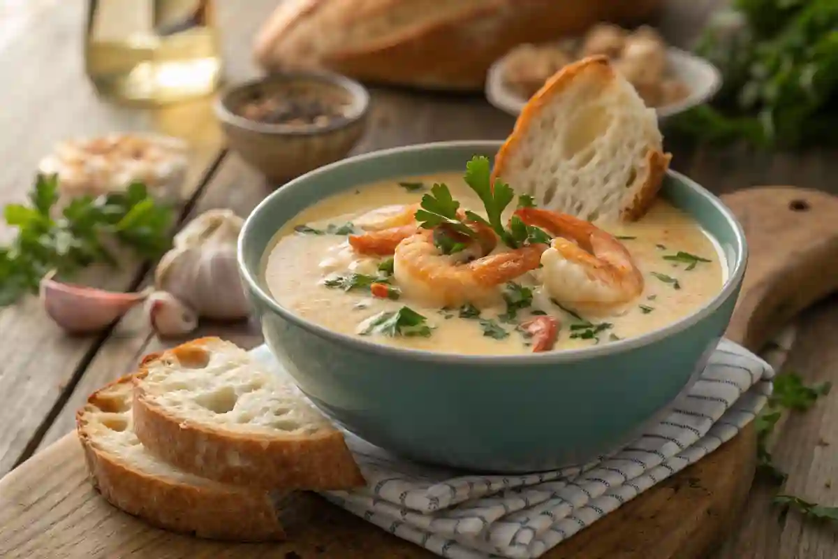 bowl of cream of shrimp soup garnished with fresh herbs, served with crusty bread.