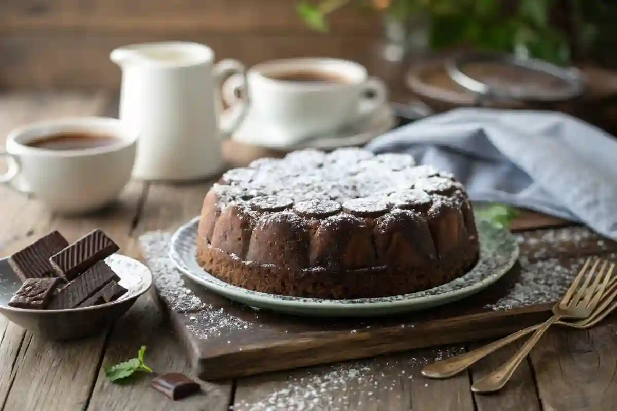 rich chocolate cloud cake dusted with powdered sugar on a rustic wooden table.