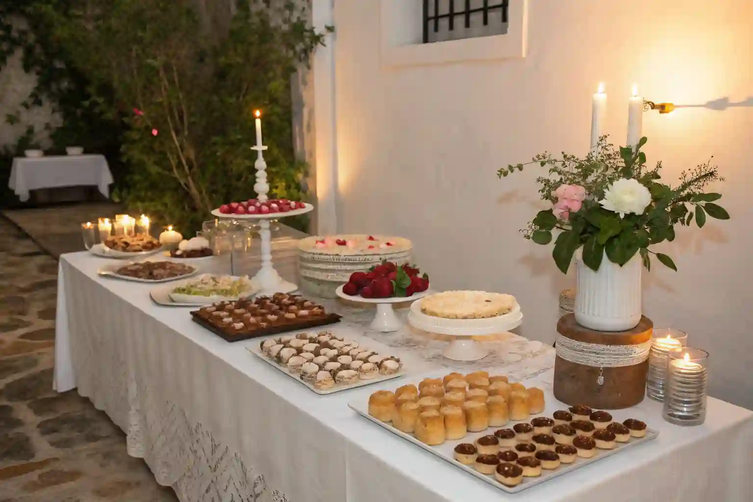 Elegant dessert table with various pastries and cakes in an outdoor setting.