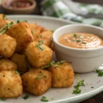 Tater tots with spicy dipping sauce and paprika.