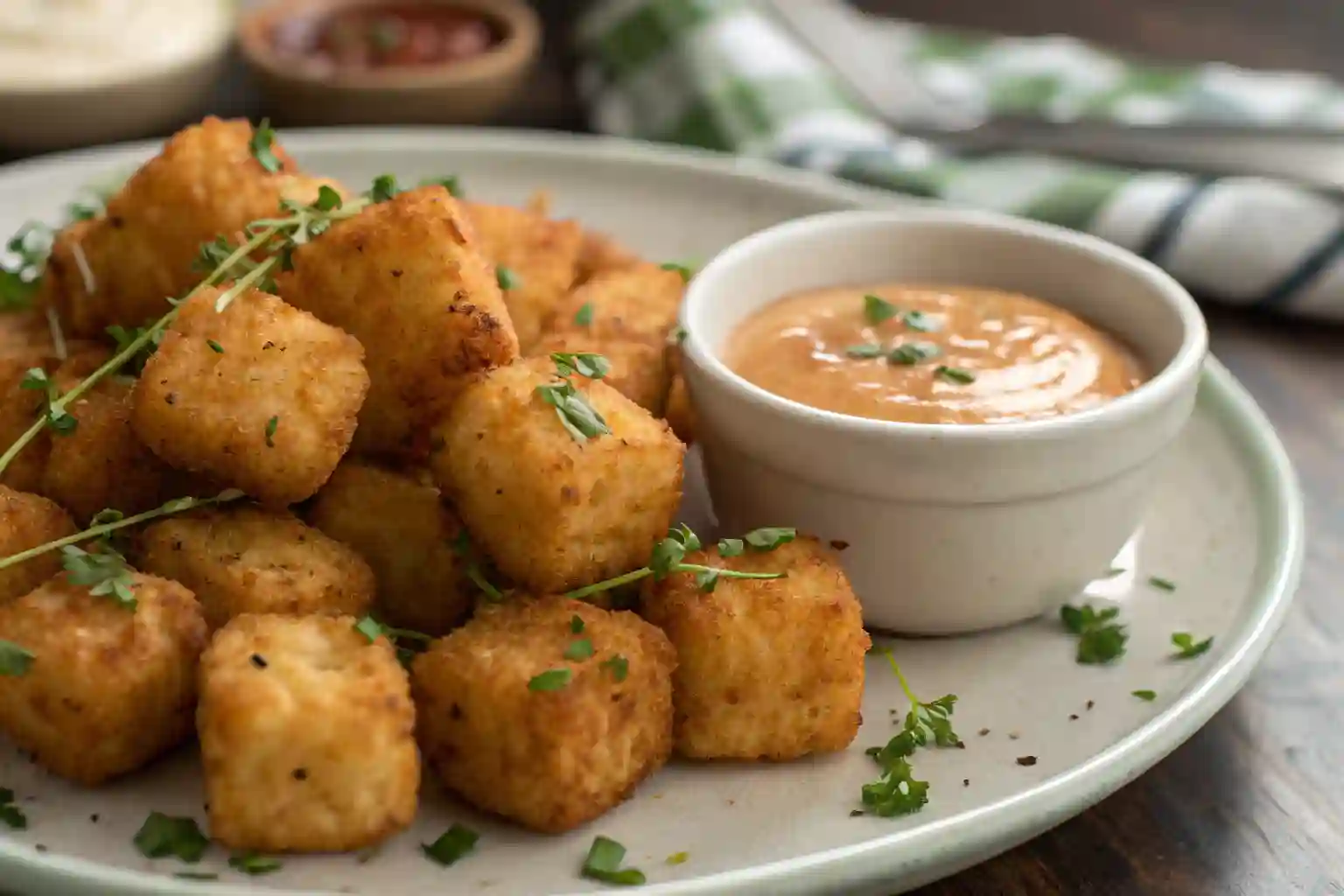 Tater tots with spicy dipping sauce and paprika.